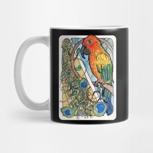 Sun Conure with Feathers and Sunflower Seeds Watercolor Print Mug